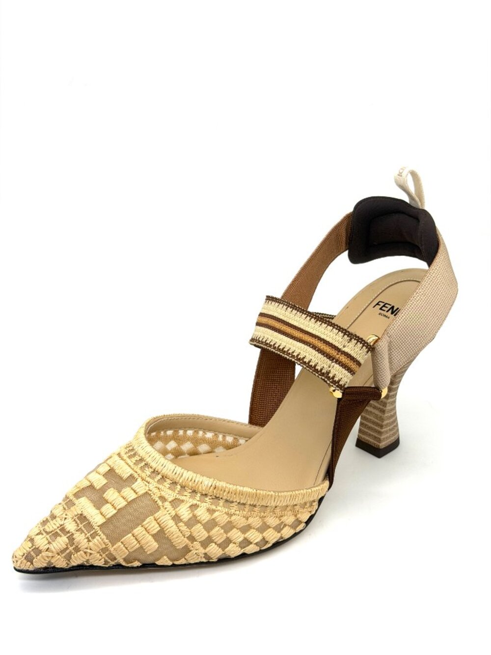 FENDI Colibri 85 Mesh Raffia Sporty FF Logo Slingback Heels Pumps Sandals - Picture 5 of 16